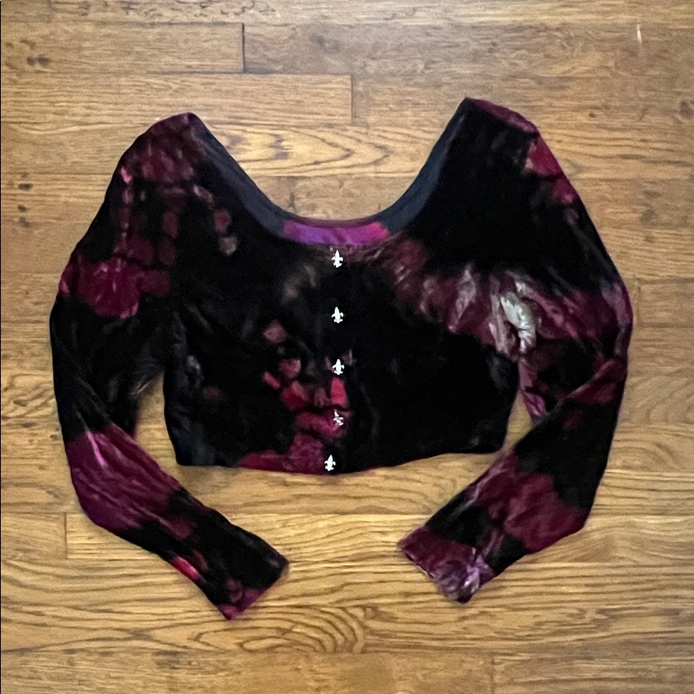 Unbranded Velvet Black and Violet Tie-dye Cropped Top Medium Long Sleeves